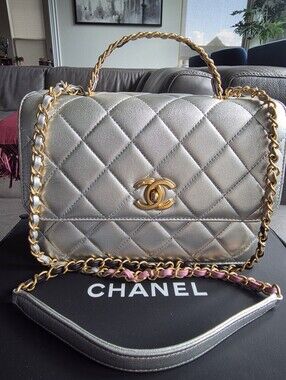 CHANEL 2023 Quilted Metallic Silver Aged GHW Rainbow Top-Handle Shoulder Bag